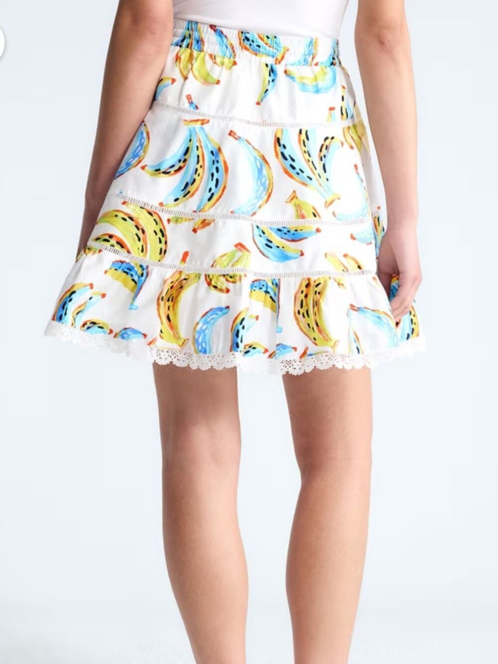 NWT Womens Medium Cotton Tiered White Mini Skirt Banana Print